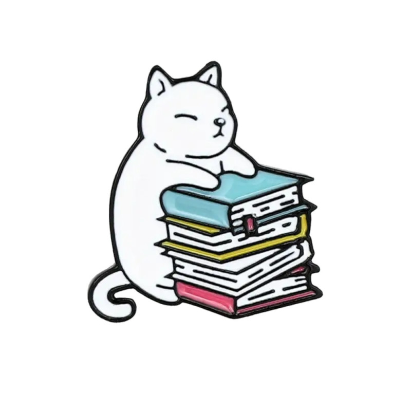 Brosch - Pin - Katt med bok - Vit