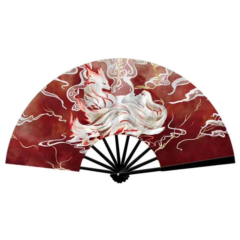 Solfjäder - Stor 33cm [S1] - Kitsune - 9 tailed-fox - Röd/svart
