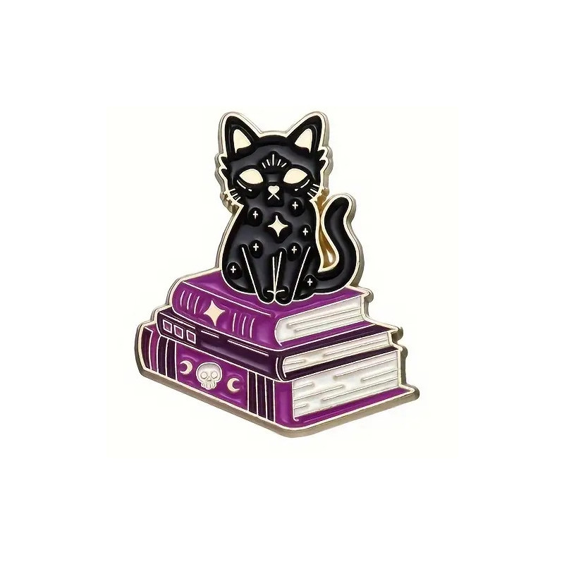 Brosch - Pin - Katt med bok - Lila Svart