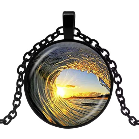 Halssmycke i glas med motiv [Sv1] Stor Våg [Svart]