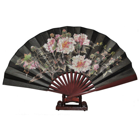 Solfjäder - Stor 27cm - M09 - Blommor med svart bakgrund