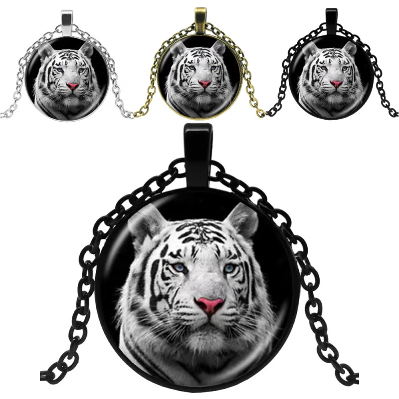 Halssmycke i glas med motiv [K15] - Vit Tiger