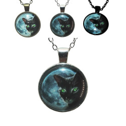 Halssmycke i glas med motiv [K02] - Svart katt med gröna ögon - Fullmåne