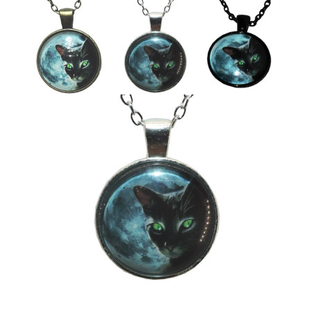 Halssmycke i glas med motiv [K02] - Svart katt med gröna ögon - Fullmåne