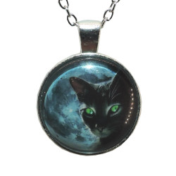 Halssmycke i glas med motiv [K02] - Svart katt med gröna ögon - Fullmåne
