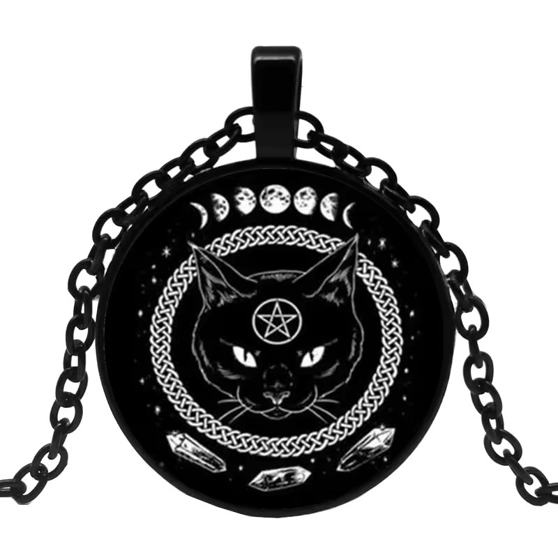 Halssmycke i glas med motiv [Sv4] Mysticism Svart katt