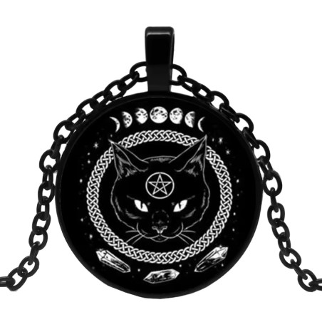 Halssmycke i glas med motiv [Sv4] Mysticism Svart katt