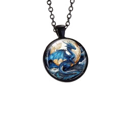 Halssmycke i glas med motiv [Sv6]  Blå drake [Svart]