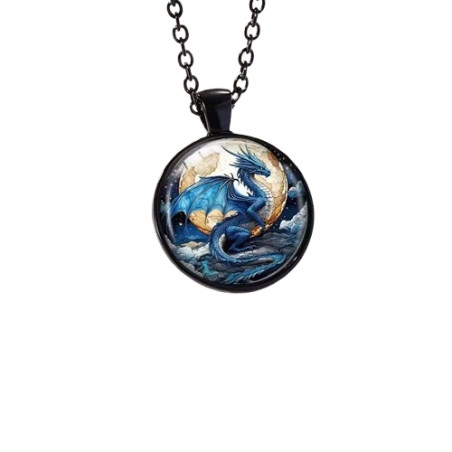 Halssmycke i glas med motiv [Sv6]  Blå drake [Svart]